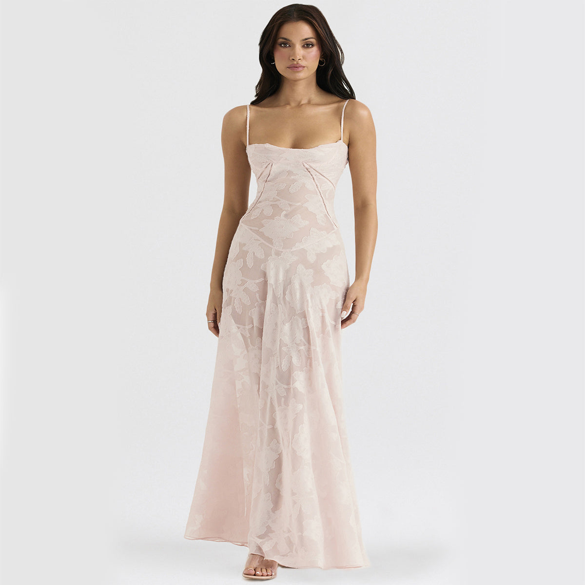 Women's black floral lace maxi dress with sweetheart neckline