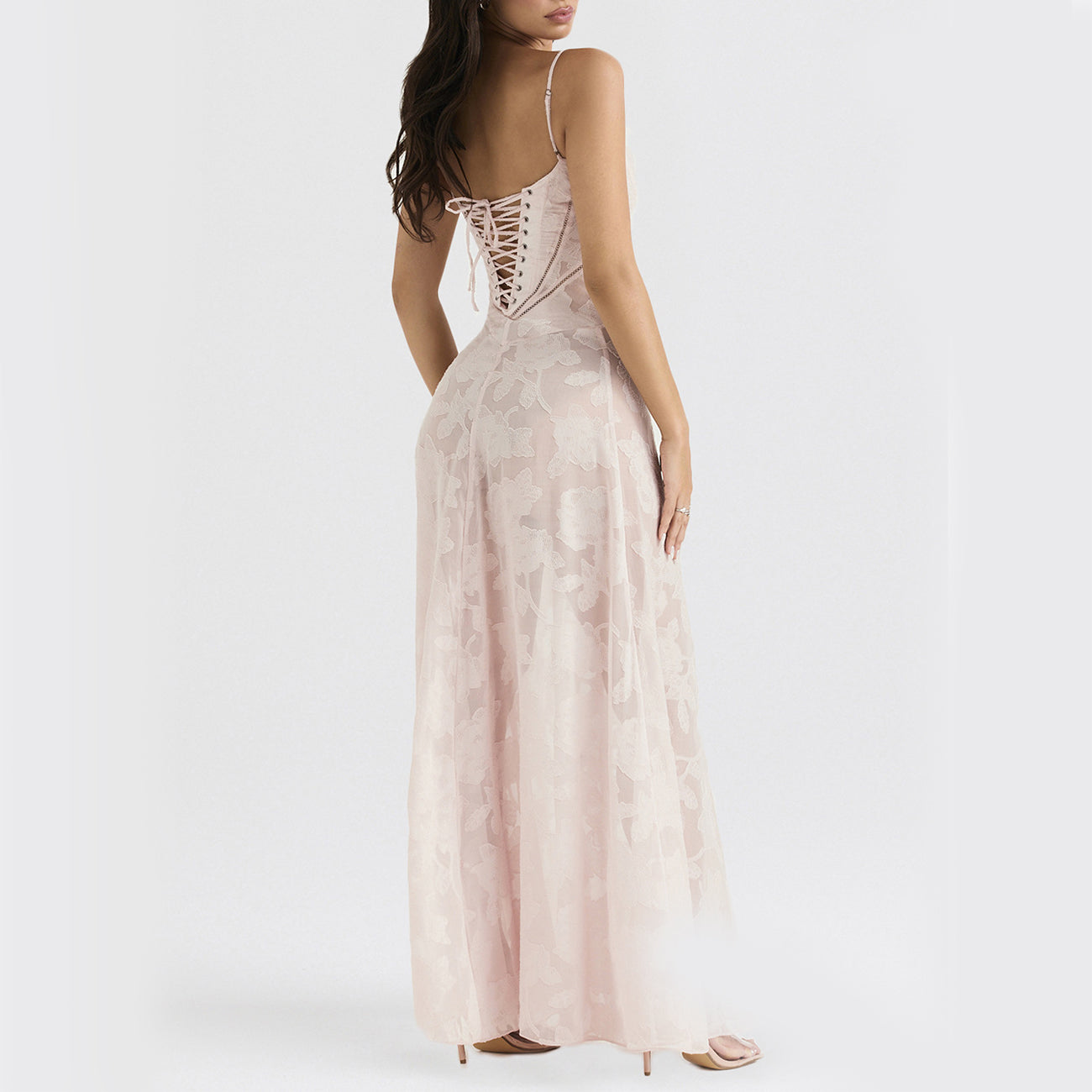 Women's black floral lace maxi dress with sweetheart neckline