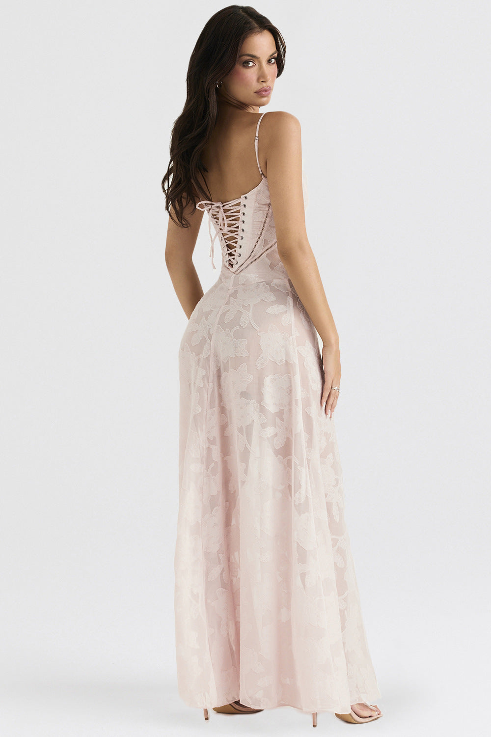Women's pink floral lace maxi dress with sweetheart neckline