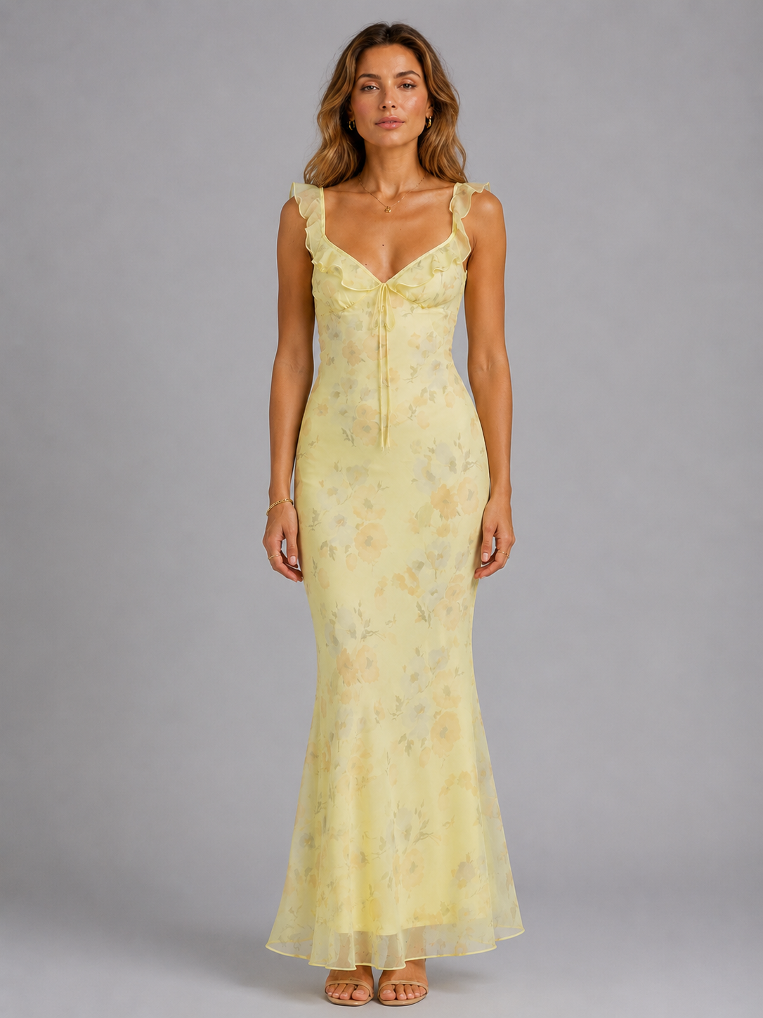 Women's yellow floral ruffle strap maxi dress for summer