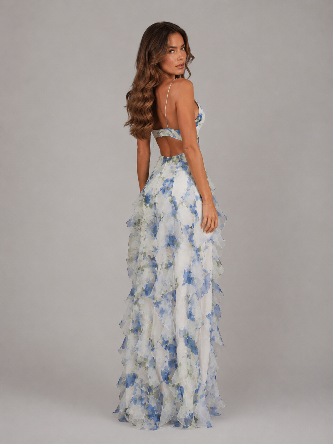 Women's blue chiffon corset ruffle maxi dress