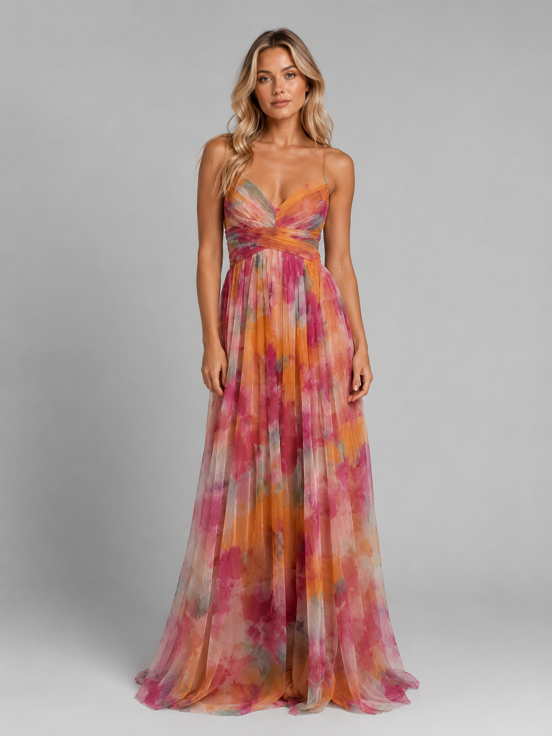 Women's orange floral v-neck maxi dress