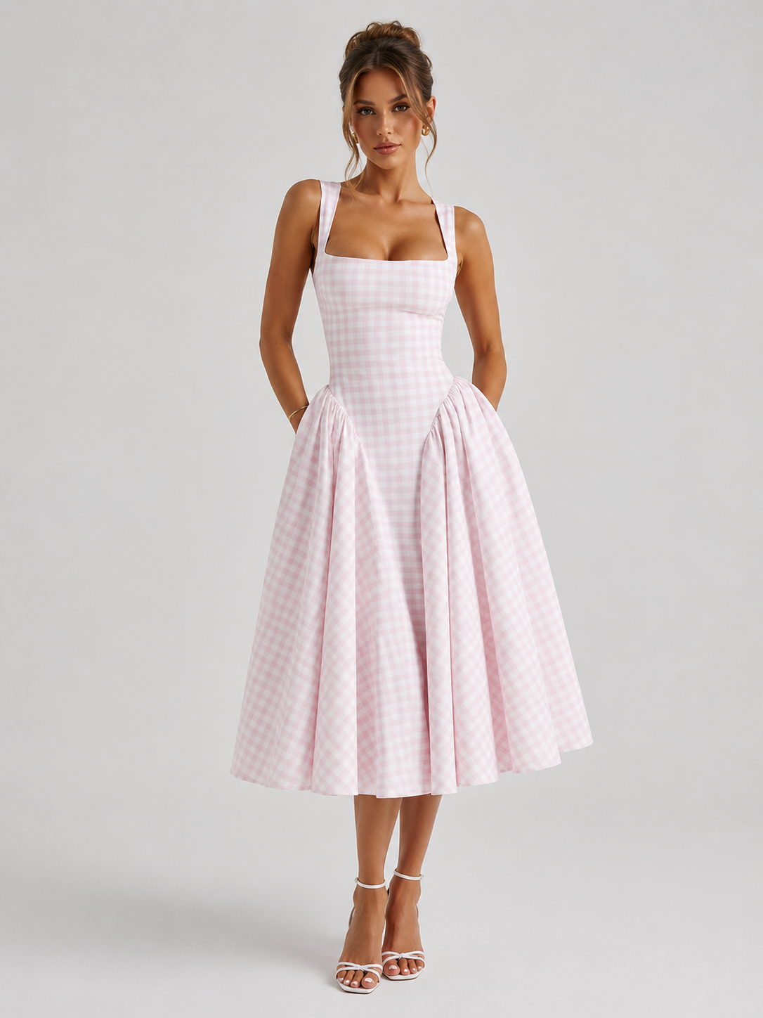 Women's pink gingham square neck midi dress