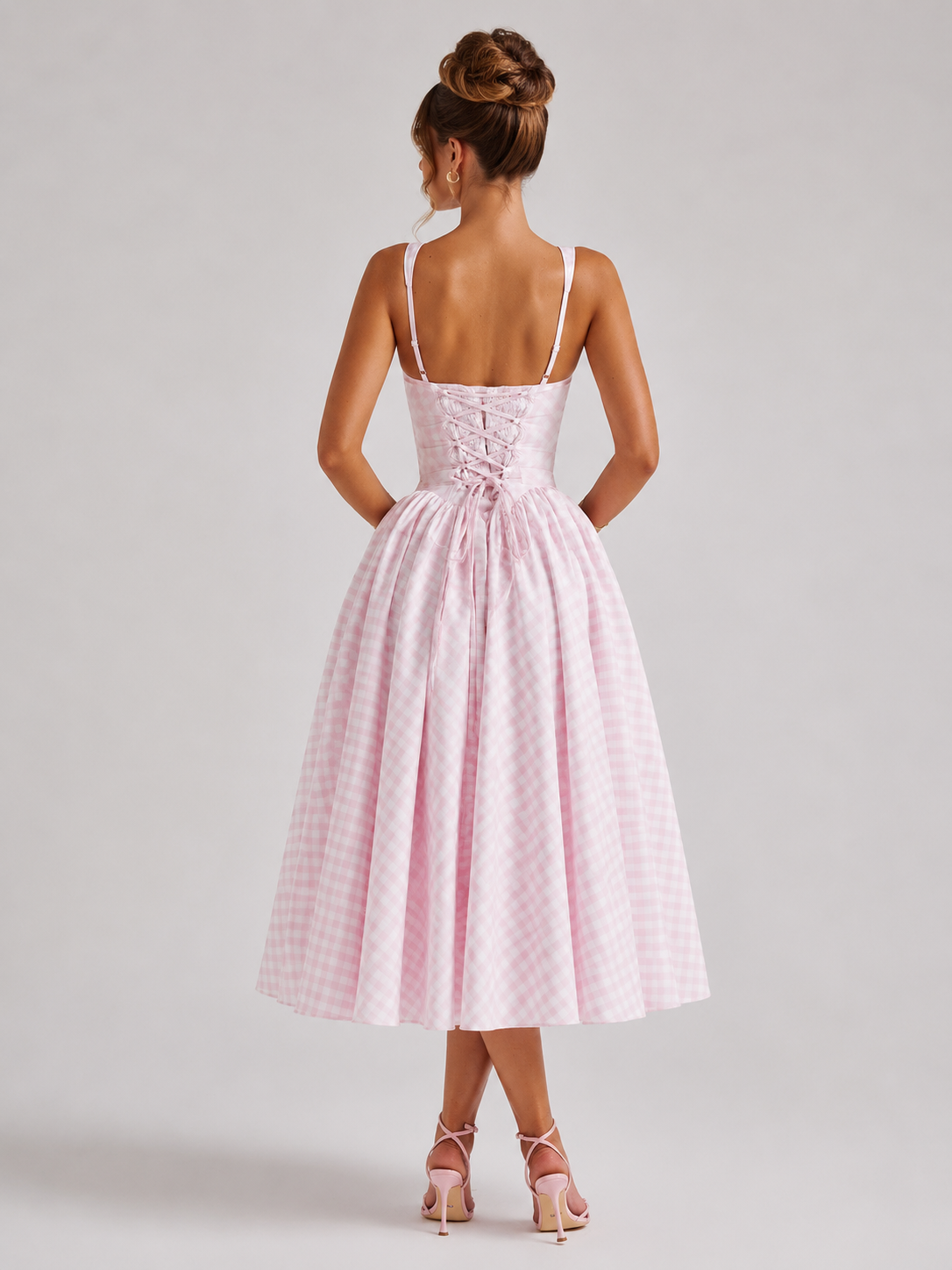 Women's pink gingham square neck midi dress