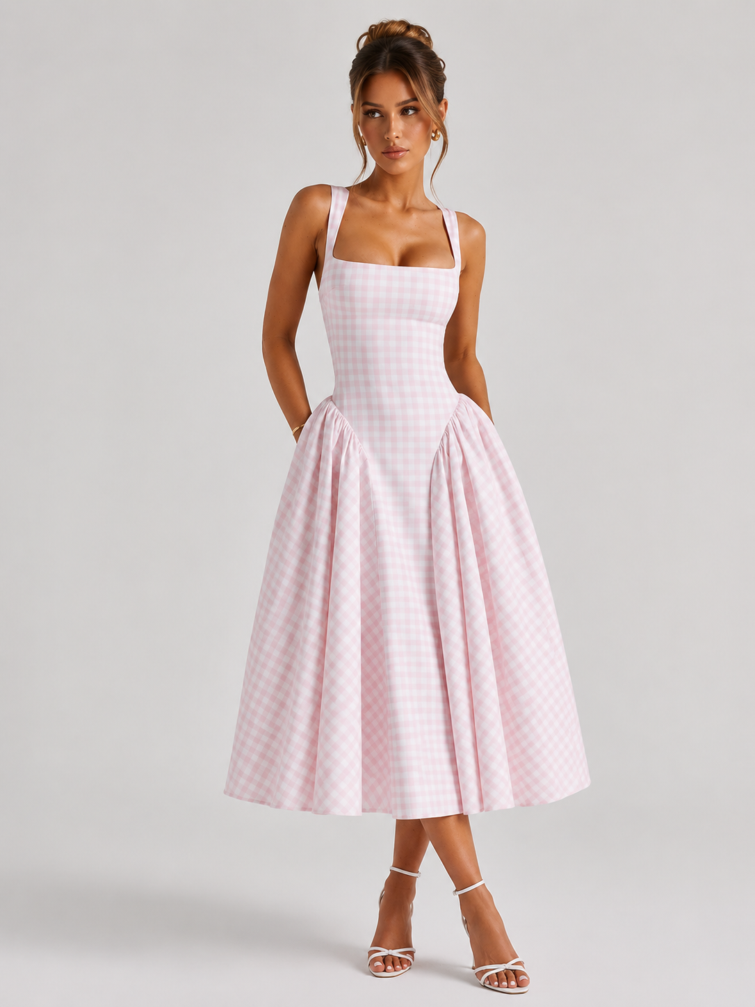Women's pink gingham square neck midi dress