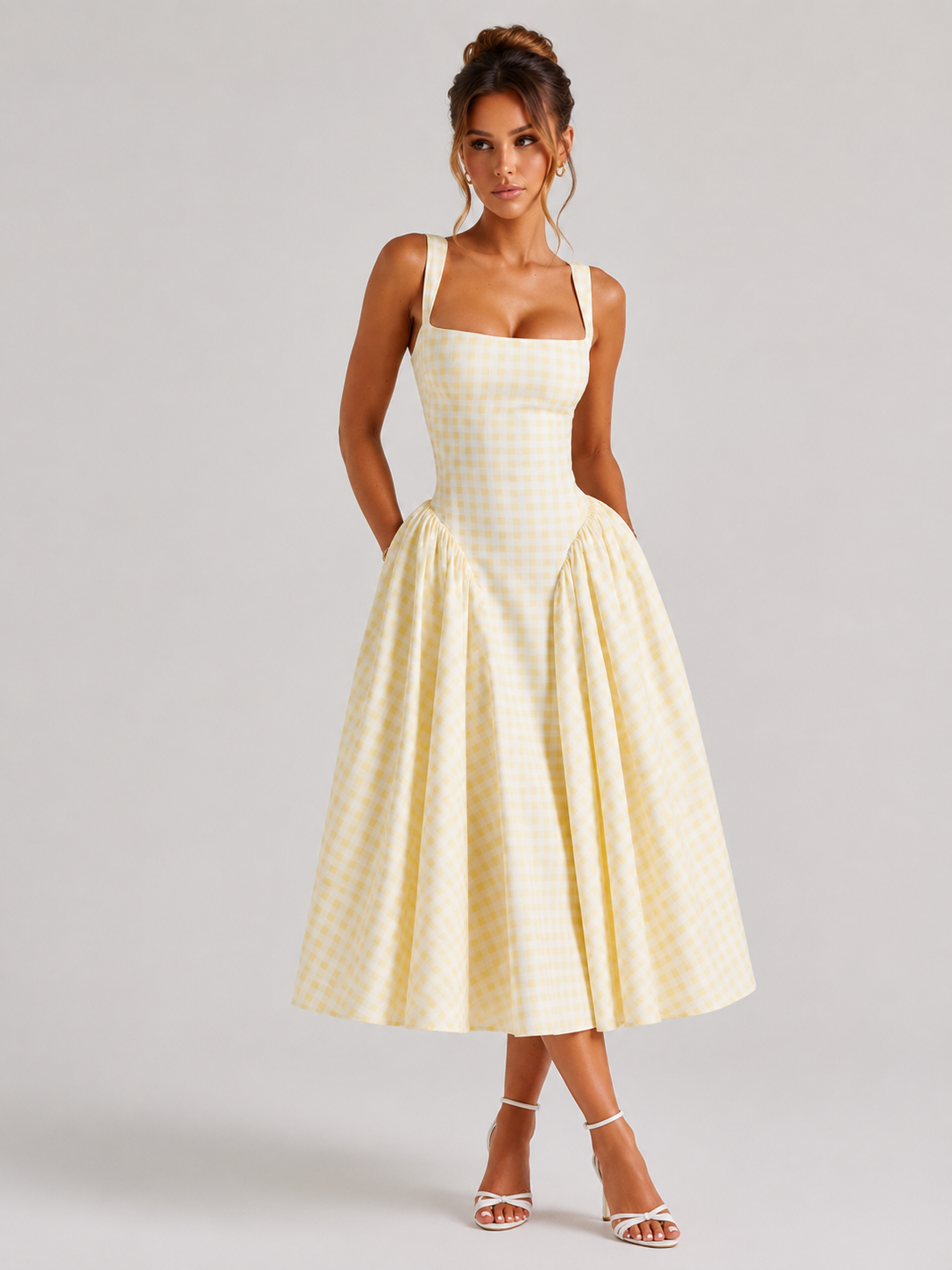 Women's yellow gingham square neck midi dress