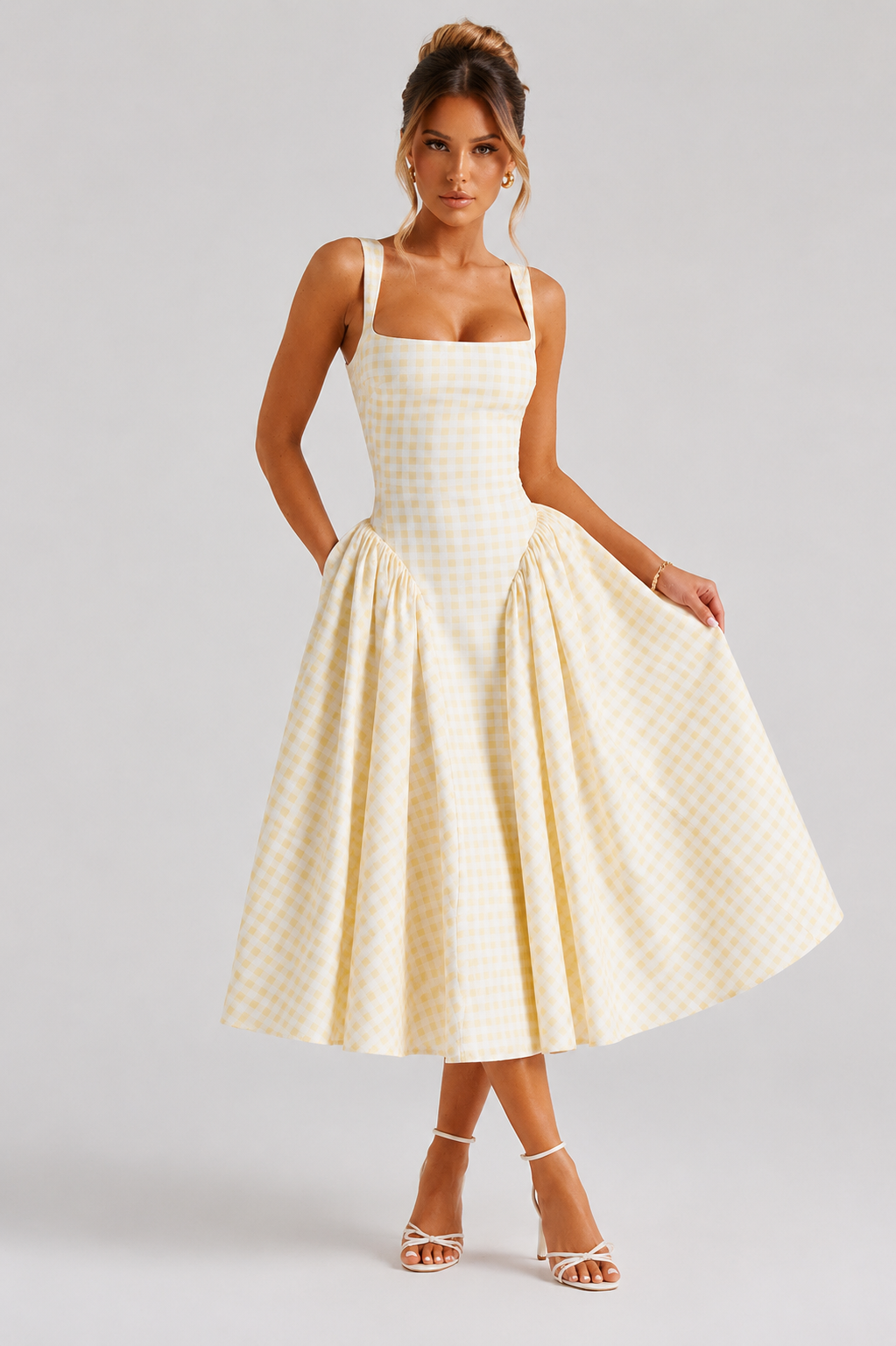 Women's yellow gingham square neck midi dress