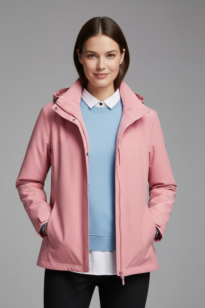 Women's purple lined hooded jacket with high collar and zip pockets