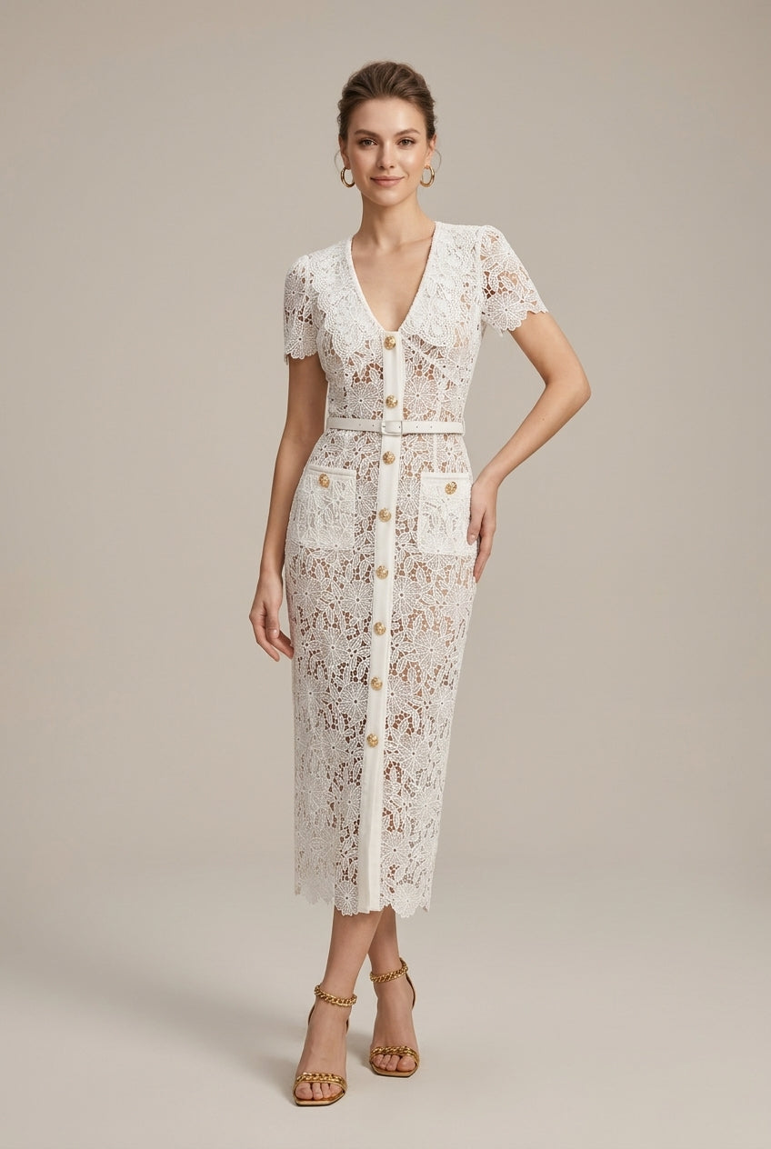 Women's white lace midi dress with button front and V neck