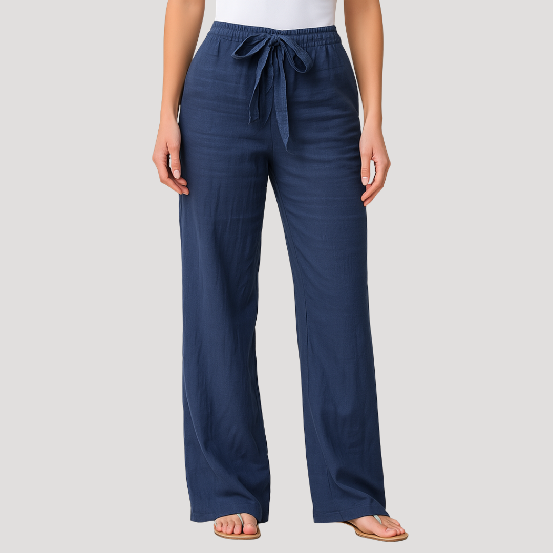 Women's navy linen wide leg trousers with drawstring waist