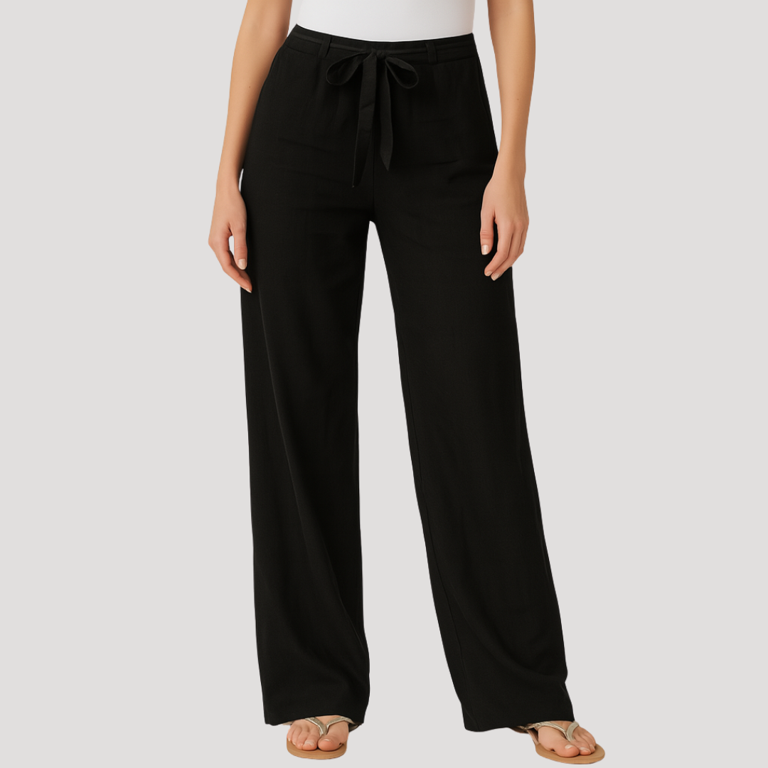 Women's navy linen wide leg trousers with drawstring waist