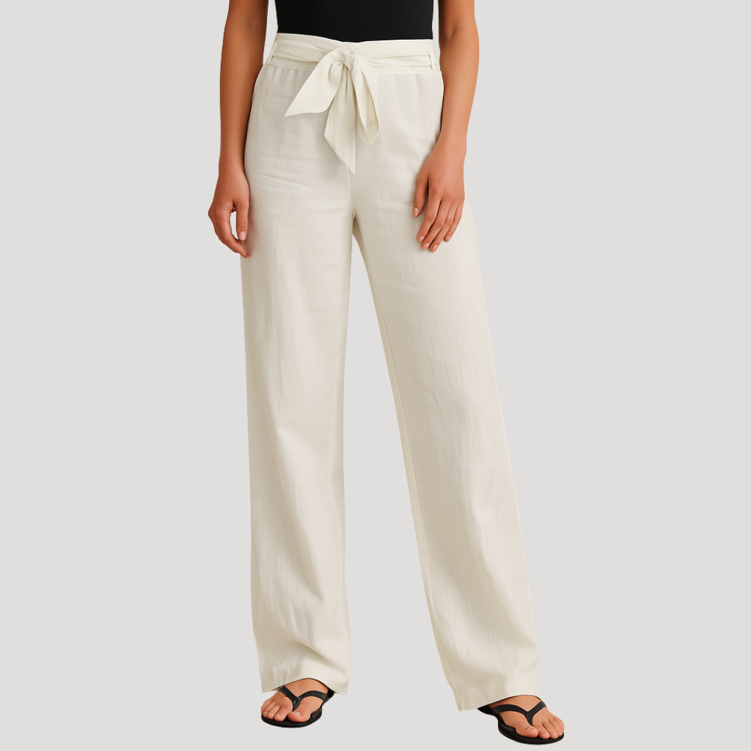 Women's navy linen wide leg trousers with drawstring waist
