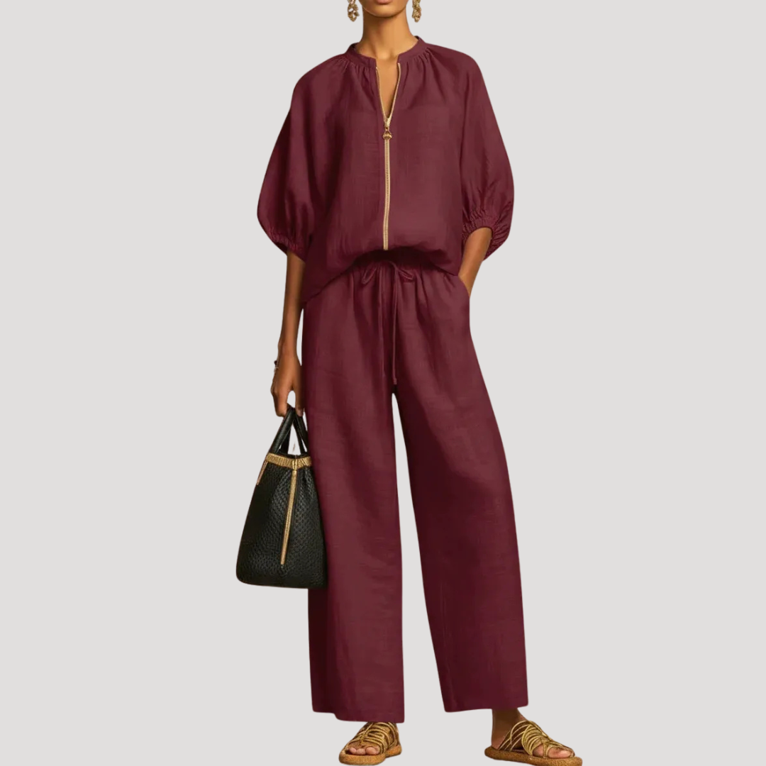 Women's light blue linen co-ord set with balloon sleeve top and wide leg trousers
