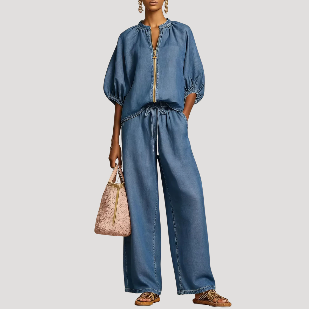 Women's black linen co-ord set with balloon sleeve top and wide leg trousers