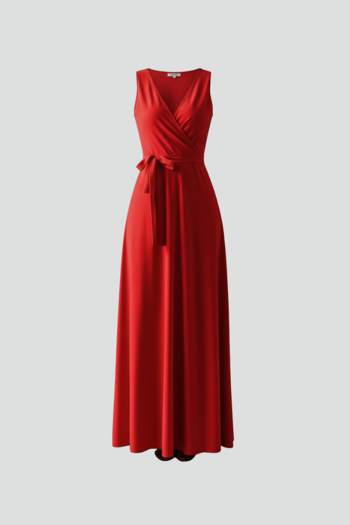 Women's red sleeveless summer maxi dress with waist tie