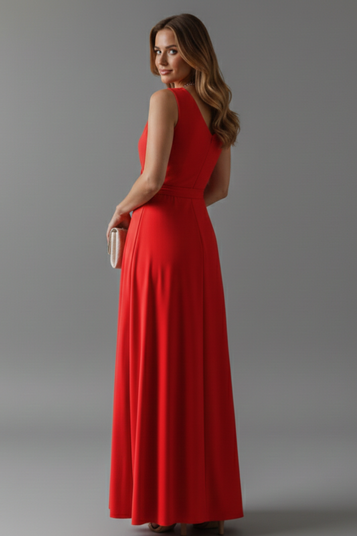 Women's red sleeveless summer maxi dress with waist tie