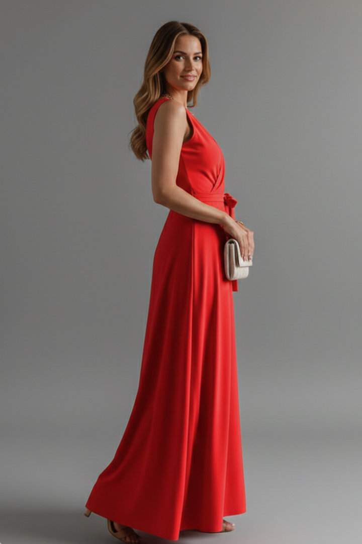 Women's red sleeveless summer maxi dress with waist tie