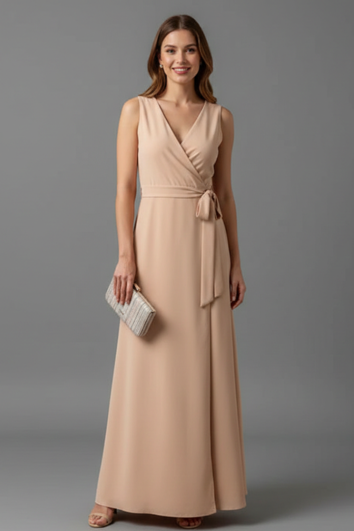 Women's green sleeveless summer maxi dress with waist tie