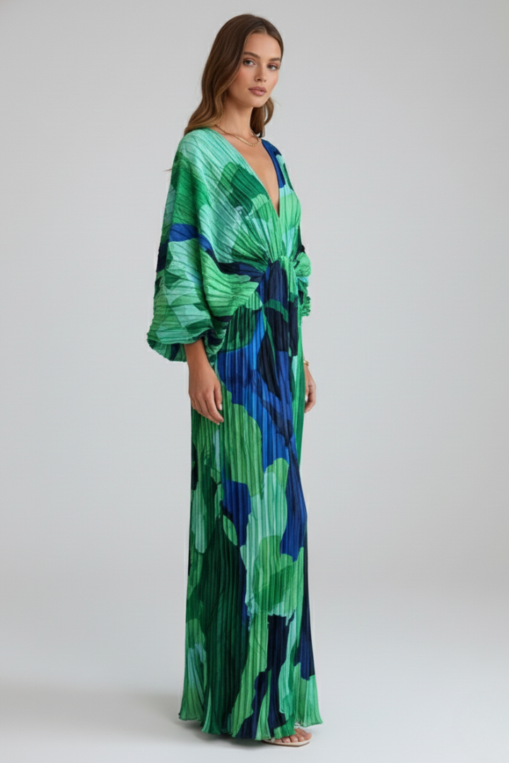Women's green printed maxi dress with pleated skirt and side slit