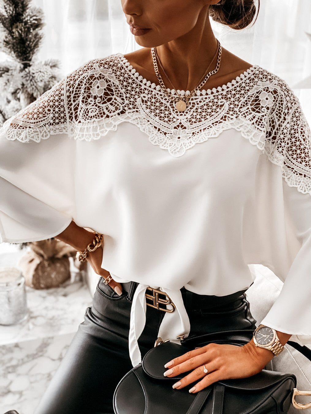 Women's white lace yoke blouse with long sleeves and round neck