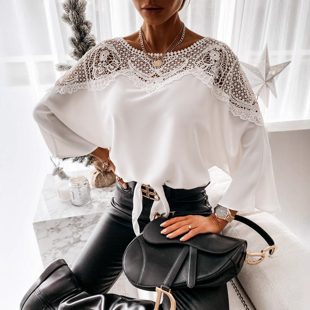 Women's white lace yoke blouse with long sleeves and round neck