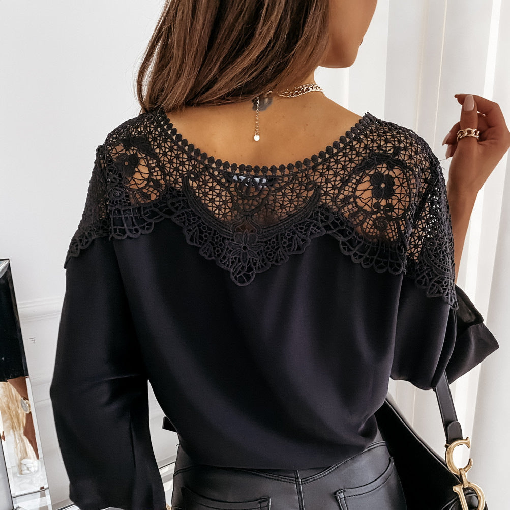 Women's white lace yoke blouse with long sleeves and round neck