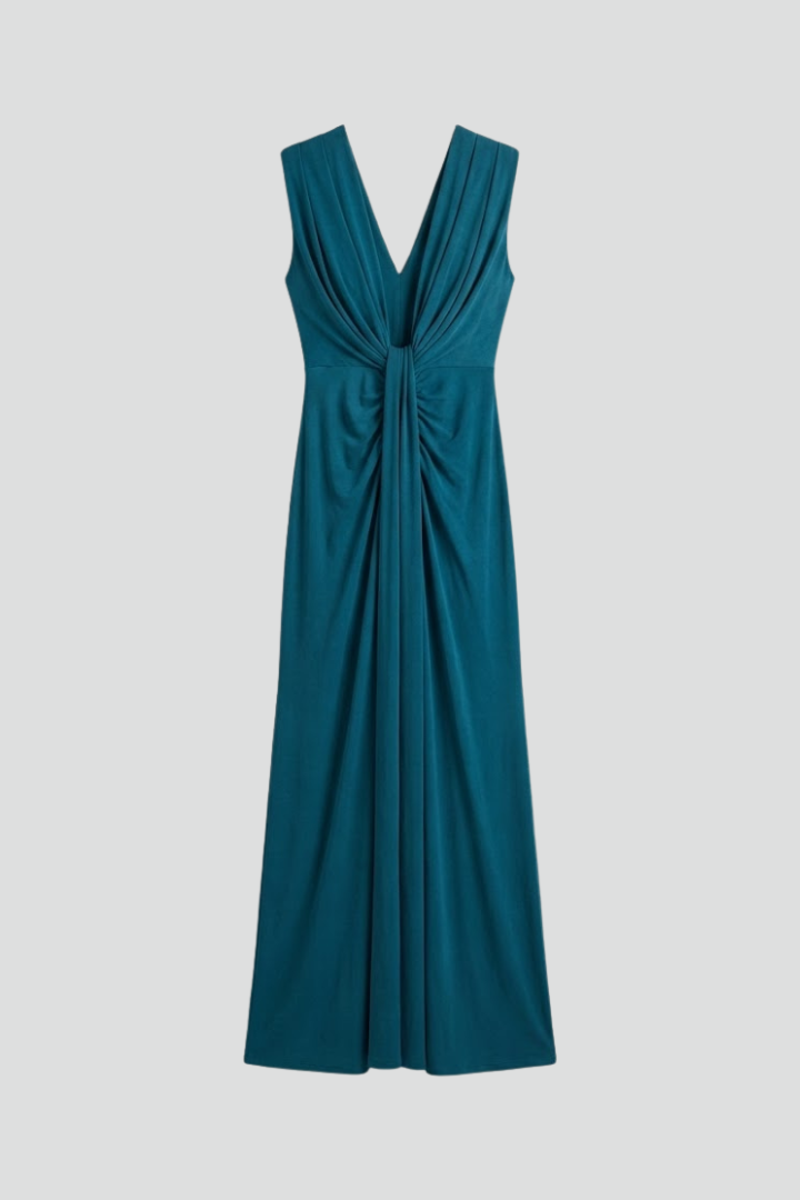 Women's blue pleated maxi evening dress with deep V-neck