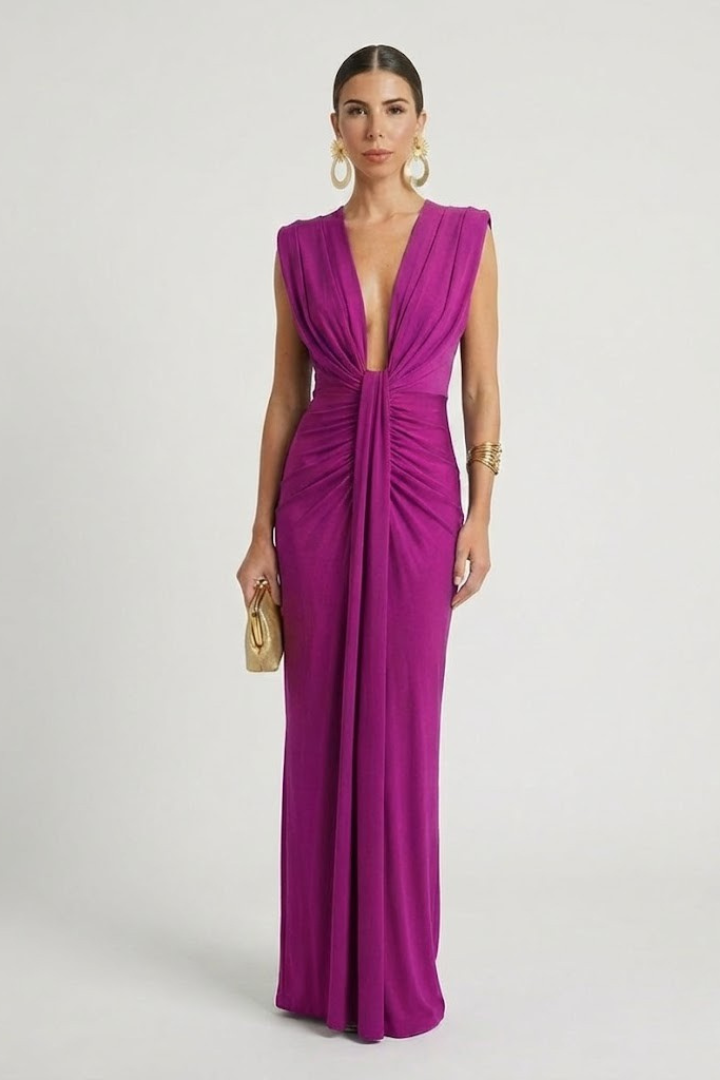Women's purple pleated maxi evening dress with deep V-neck