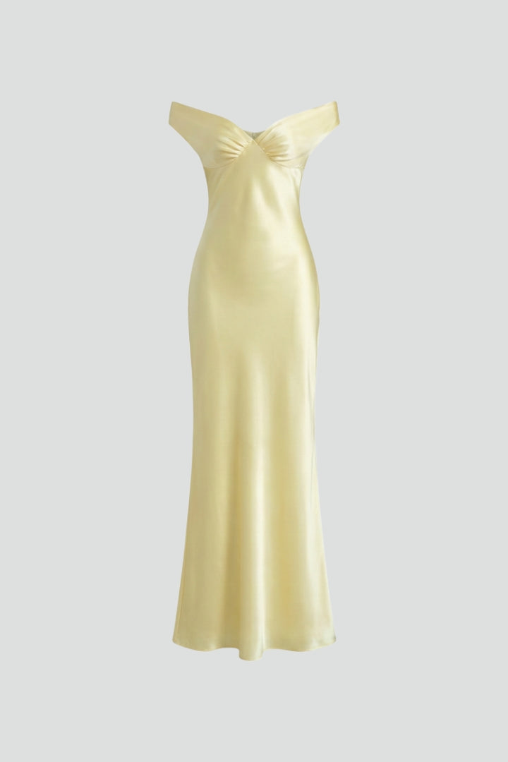 Women's yellow off-shoulder maxi dress with folded Bardot neckline