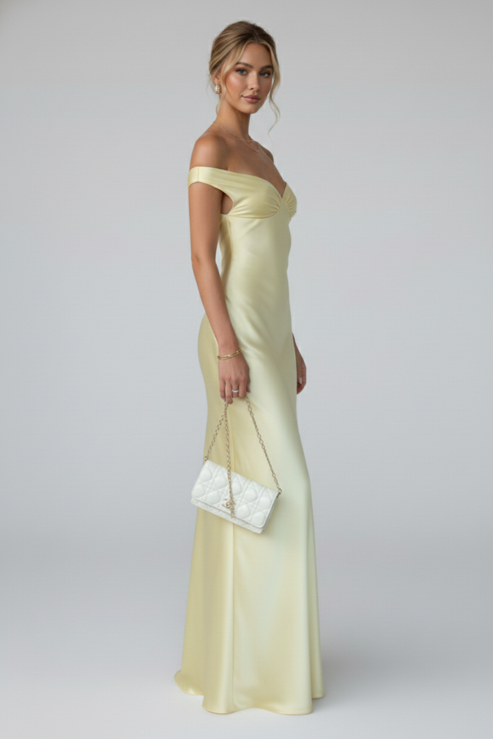 Women's yellow off-shoulder maxi dress with folded Bardot neckline