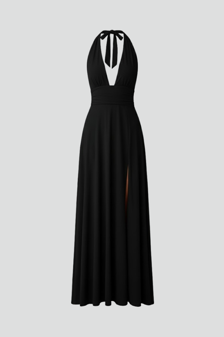 Women's black tie neck maxi dress with side split