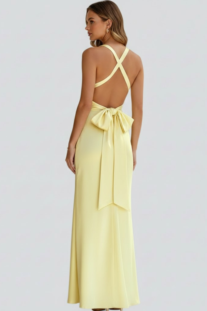 Women's yellow plunge neck evening maxi dress with fitted waist