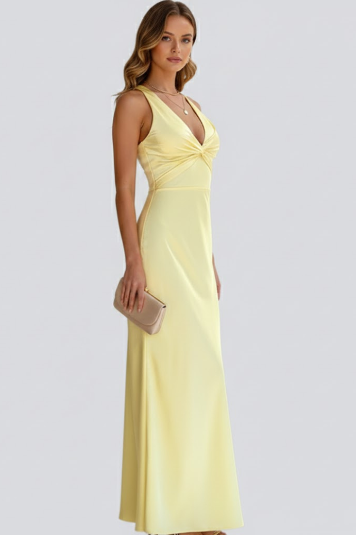Women's yellow plunge neck evening maxi dress with fitted waist