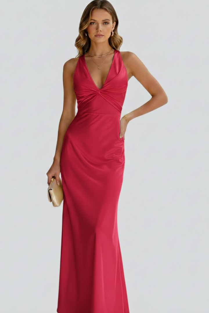 Women's yellow plunge neck evening maxi dress with fitted waist