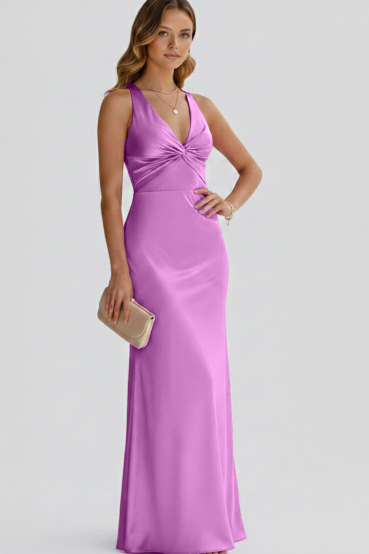 Women's pink plunge neck evening maxi dress with fitted waist