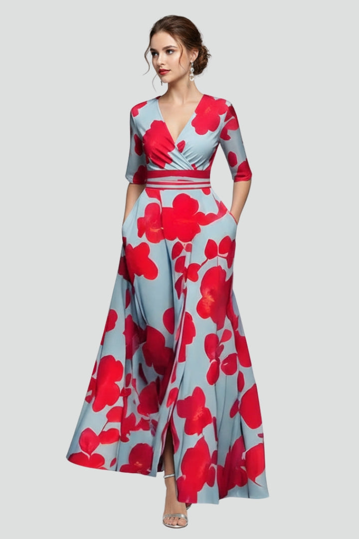 Women's white floral wedding guest maxi dress with deep V-neck