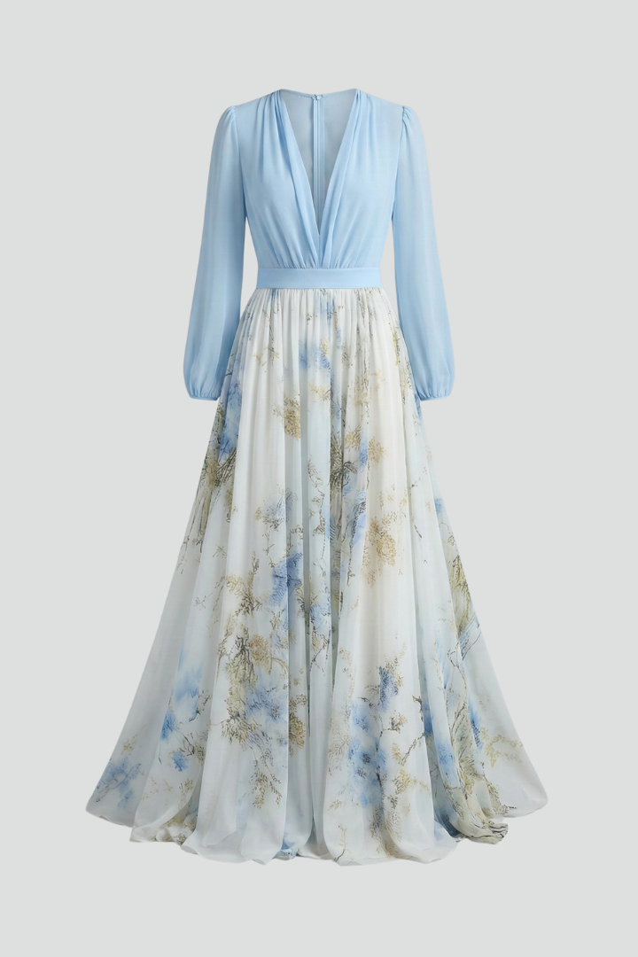 Women's light blue floaty maxi dress with sheer sleeves and V-neckline