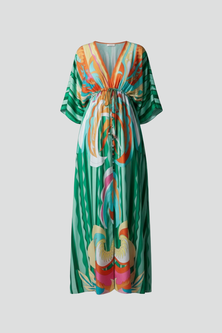 Women's green kaftan-style printed maxi dress with batwing sleeves
