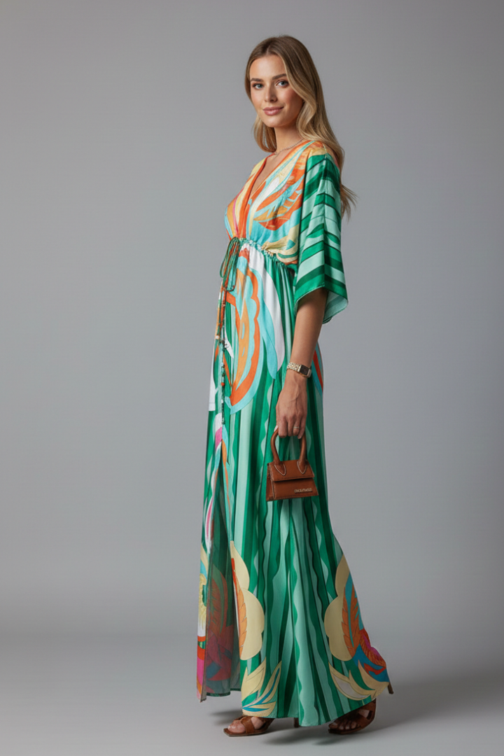 Women's green kaftan-style printed maxi dress with batwing sleeves