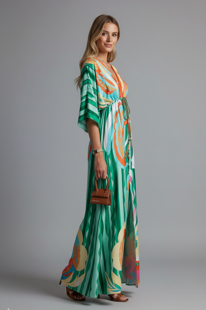 Women's green kaftan-style printed maxi dress with batwing sleeves