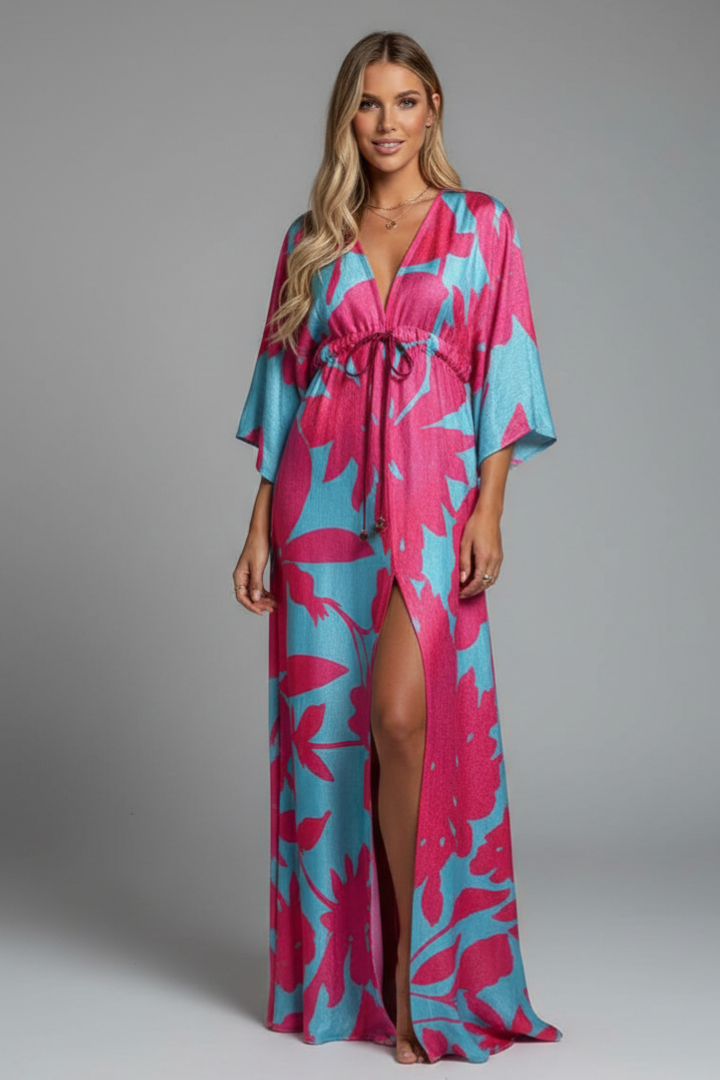 Women's pink kaftan-style printed maxi dress with batwing sleeves