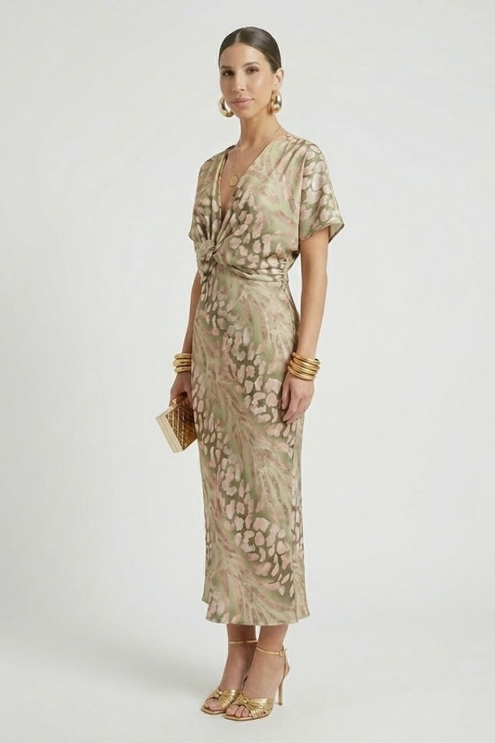 Women's green floral pleated midi dress with V-neck and short sleeves