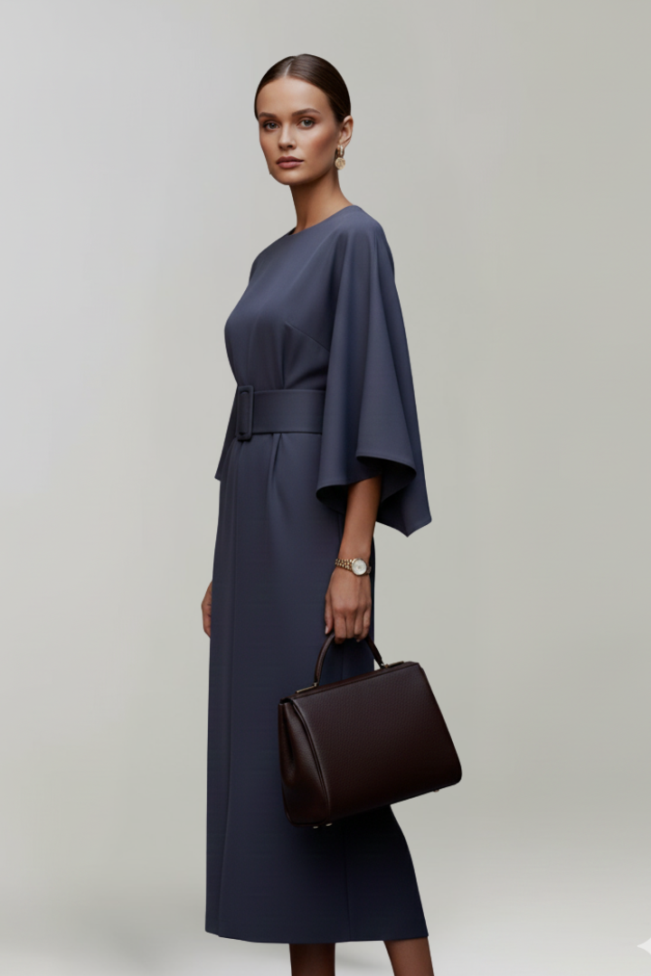 Women's blue belted midi dress with wide sleeves and round neck