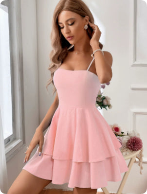 Women's light blue tiered ruffle mini dress with square neck