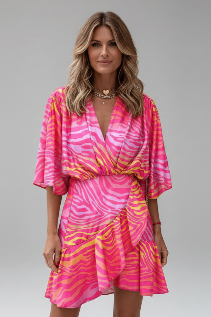 Women's pink batwing sleeve mini dress with self-tie waist
