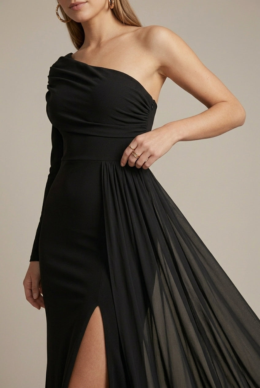 Women's black off shoulder fishtail maxi evening dress with long sleeves