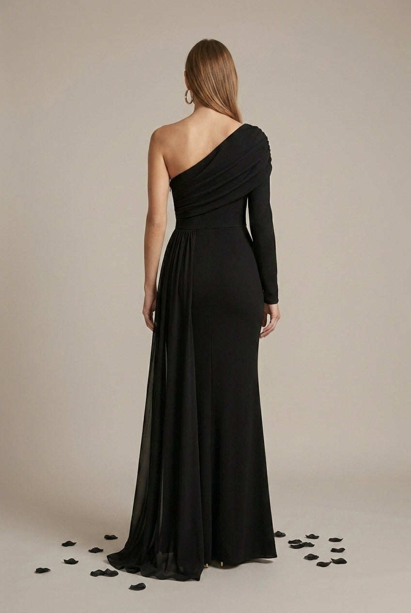 Women's black off shoulder fishtail maxi evening dress with long sleeves