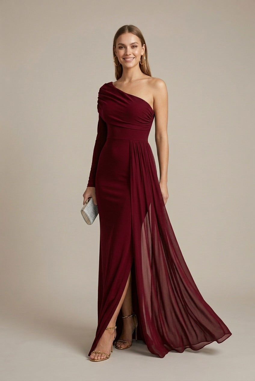 Women's black off shoulder fishtail maxi evening dress with long sleeves