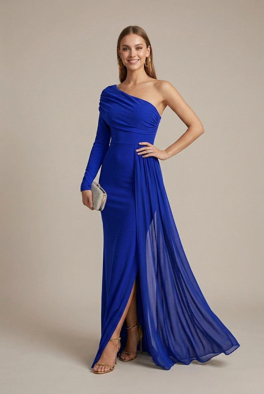 Women's green off shoulder fishtail maxi evening dress with long sleeves