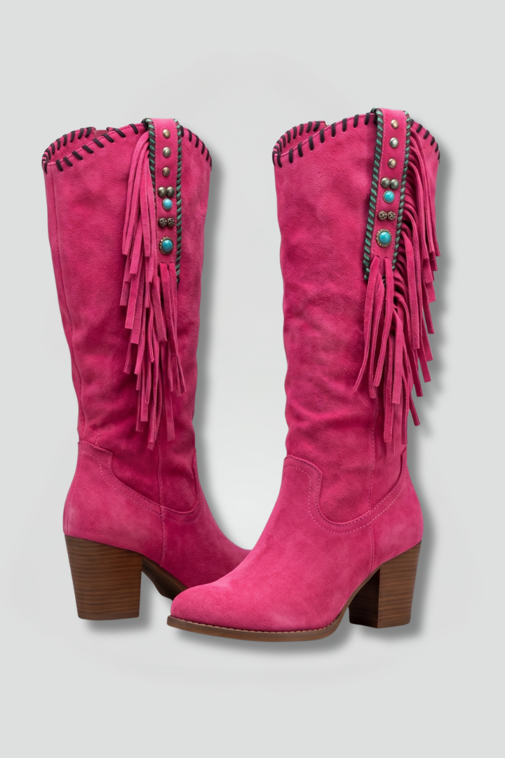 Women's pink western boots with fringe trim and studded block heel detailing